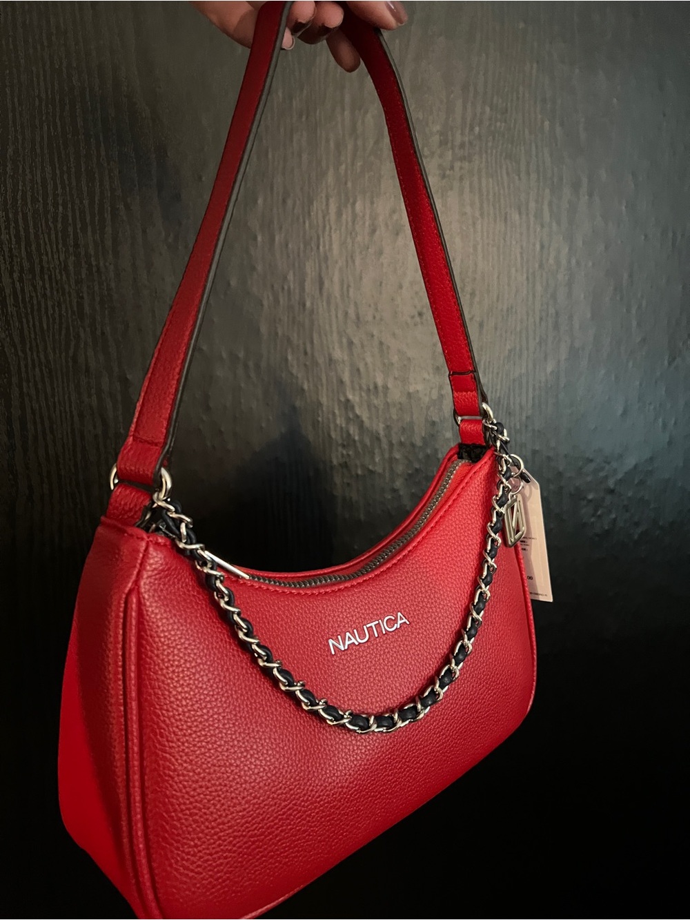 Red Pebbled Shoulder Bag with Chain Detail